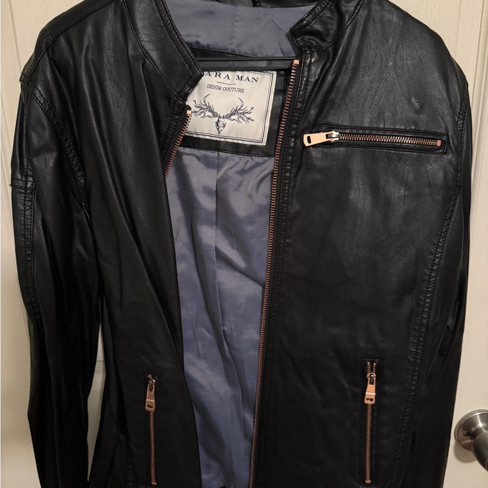 NWT Zara Men's Black Leather Jacket with Copper Accents